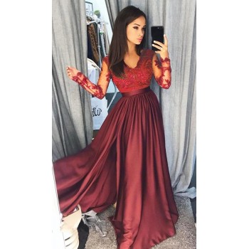 Lace Evening Party Prom Gown Ladies Formal Empire Waist Long Dress Solid V-Neck Long Sleeve Floor-Length Black Red